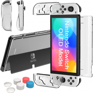 TeyomiÂ® Custodia compatibile con Nintendo Switch OLED modello 2021, custodia Switch OLED trasparente, cover morbida per impugnatura Joy-Con in TPU e cover protettiva agganciabile per PC rigido