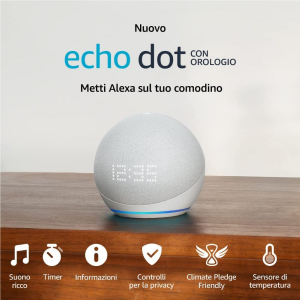 Nuovo Echo Dot (5Âª generazione, modello 2022) con orologio | Altoparlante intelligente con orologio e integrazione Alexa | Bianco ghiaccio
