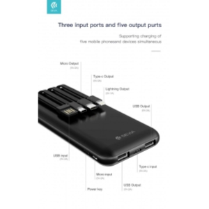 Power bank 10000mah devia v2 2a con 4 cavi integrati (m-l-c) bk