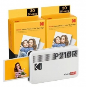 CONFEZIONE STAMPANTE FOTOGRAFICA PORTATILE KODAK MINI 2 RETRO BLUETOOTH + 60 FOGLI DI CARTA FOTOGRAFICA - FORMATO STAMPA 5,3X8,