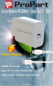 Carica batteria Rapido PD 20W Con Cavo da Tipo-C a Tipo-C 3A
